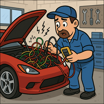 create a cartoon image of a mechanic troubleshoot_
